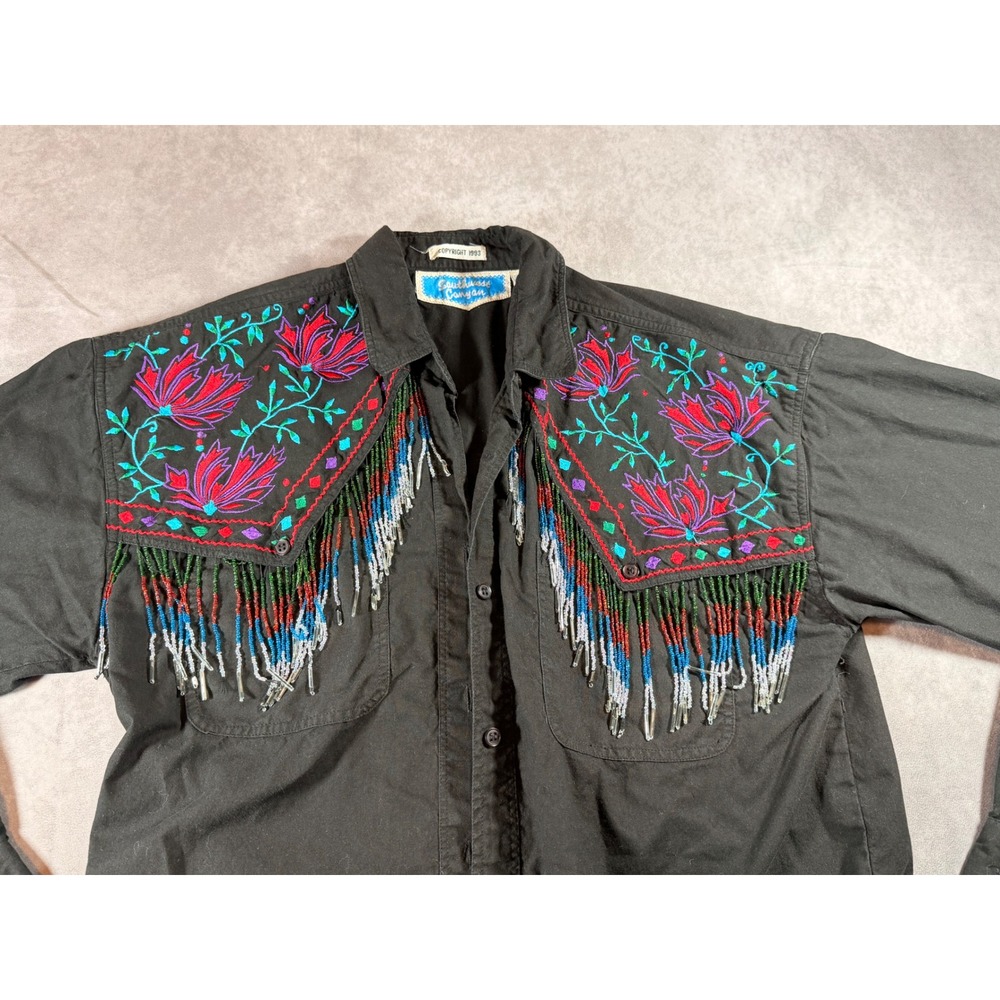 Southwest Canyon Vintage 1993 Beaded Fringe Embroidered Western Shirt Black M - Picture 2 of 5